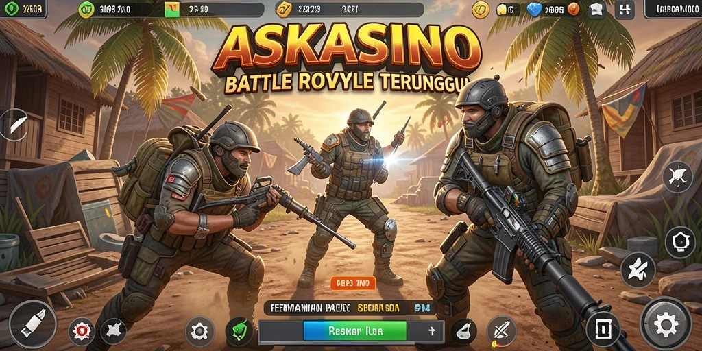 Screenshot utama gameplay ASKASINO yang menampilkan aksi Battle Royale yang mendebarkan.