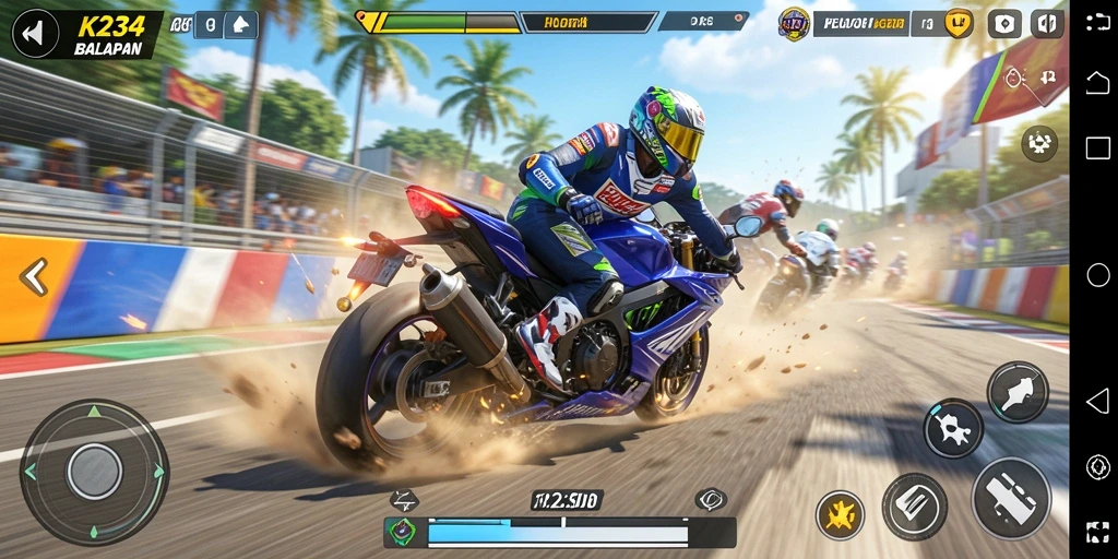 Screenshot gameplay K234 menampilkan balapan motor yang menegangkan.