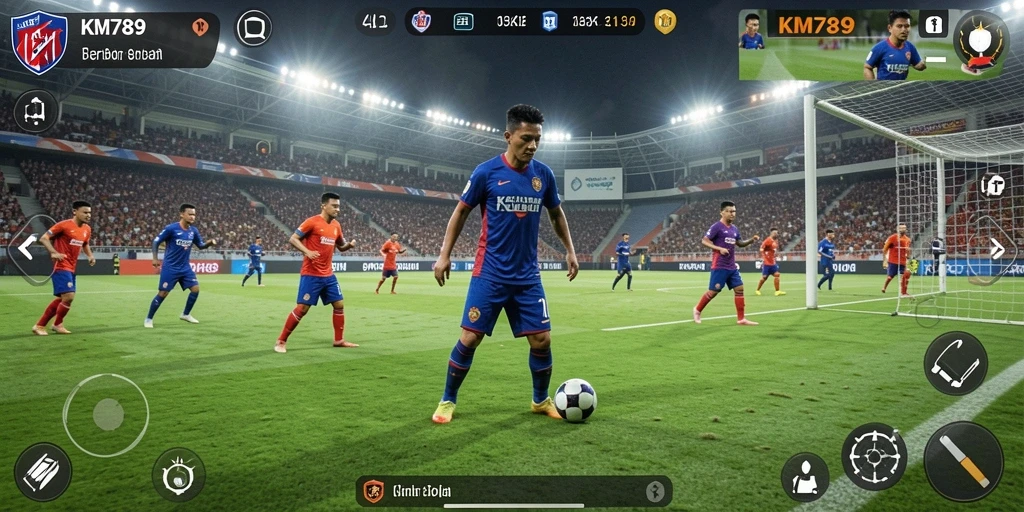 Screenshot gameplay KM789 yang menunjukkan aksi seru di lapangan sepak bola.