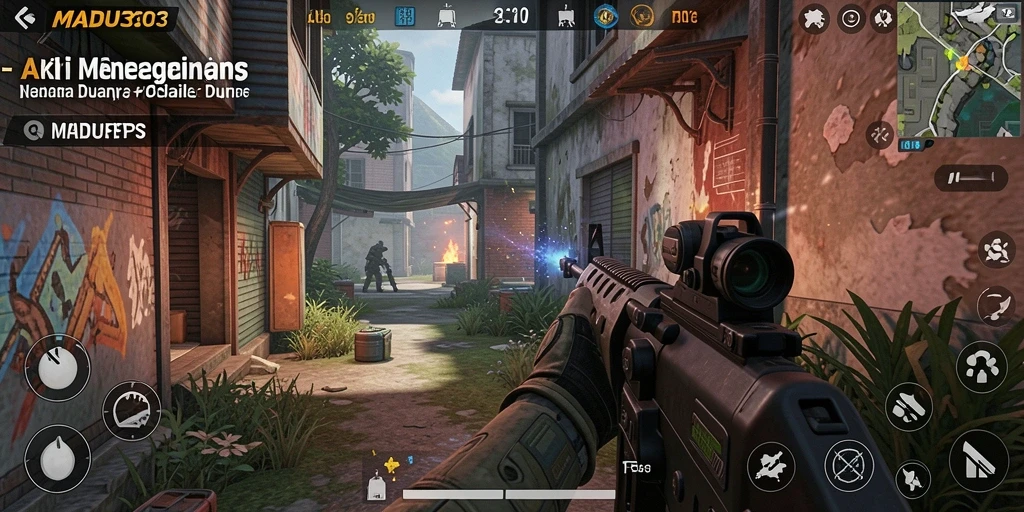 Tampilan gameplay intens dari MADU303 dalam mode FPS yang mendebarkan.