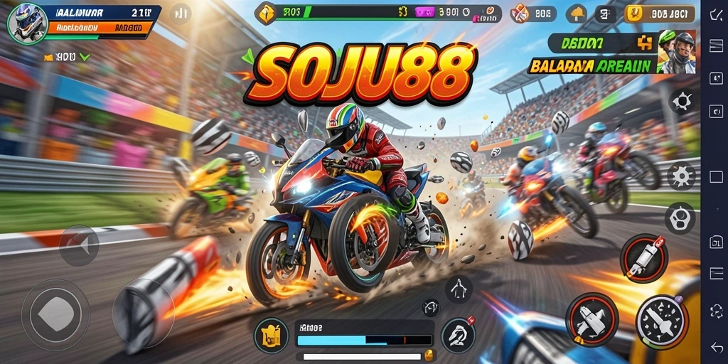 Tampilan gameplay menarik dari SOJU88 dengan aksi balapan motor.